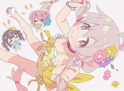 Rule 34 | &gt; o, 3girls, ;), bangle, bare arms, bare legs, black hair, blue hair, bracelet, breasts, brown eyes, chibi, choker, closed eyes, commentary, earrings, eyes visible through hair, flip-flops, flower, flower earrings, frilled one-piece swimsuit, frills, grey hair, hair between eyes, hair flower, hair ornament, hairclip, heart, heart-shaped eyewear, holding, holding hair, hozuki kaede, jewelry, looking at viewer, multicolored hair, multiple girls, one-piece swimsuit, one eye closed, onii-chan wa oshimai!, outline, oyama mahiro, oyama mihari, pink-tinted eyewear, pink eyes, pink hair, purple hair, red choker, saipaco, sandals, simple background, small breasts, smile, solo focus, sunglasses, swimsuit, tinted eyewear, twintails, two-tone hair, white outline, yellow one-piece swimsuit