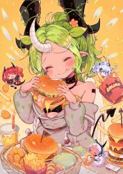 Rule 34 | 4girls, absurdres, amakawa tamawo, blue hair, blush, blush stickers, boned meat, burger, burger malfunction, chibi, closed eyes, cup, dark-skinned female, dark skin, demon girl, demon tail, disposable cup, drink, drinking straw, eating, food, food on face, french kiss, green hair, grey hair, hair ornament, hairclip, highres, hood, hoodie, horns, kiss, long hair, long sleeves, meat, mini person, minigirl, multiple girls, off shoulder, onion rings, open mouth, original, plant, plant hair, pointy ears, ponytail, red hair, smile, tail, twintails, vines