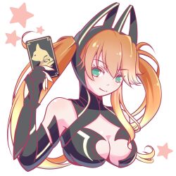 1girl animal_ear_hairband animal_ears armor blonde_hair breasts card cat_ear_hairband cat_ears closed_mouth commentary_request cropped_torso eiyuu_densetsu fake_animal_ears falcom gradient_hair green_eyes grimcats_(eiyuu_densetsu) hairband highres holding holding_card judith_ranster kuro_no_kiseki_(series) kuro_no_kiseki_i large_breasts long_hair momoiro_sango multicolored_hair orange_hair simple_background smile solo star_(symbol) twintails two-tone_hair white_background