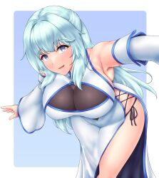 Rule 34 | 1girl, absurdres, bare shoulders, blue hair, blush, breasts, china dress, chinese clothes, cleavage, cleavage cutout, clothing cutout, detached sleeves, dress, hiballista, highres, large breasts, leaning forward, long hair, looking at viewer, navel cutout, original, purple eyes, side slit, sleeveless, smile, solo, standing, wide sleeves