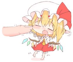 Rule 34 | 1girl, :o, absurdres, ascot, barefoot, blonde hair, blush, bow, breasts, chibi, closed eyes, collared shirt, commentary request, crystal, fang, flandre scarlet, frilled hat, frilled skirt, frills, hands up, hat, hat bow, head out of frame, highres, legs apart, medium skirt, mob cap, motion lines, nose blush, open mouth, pigeon-toed, puffy short sleeves, puffy sleeves, raised eyebrows, red bow, red skirt, shirt, short hair, short sleeves, shoupon, side ponytail, simple background, size difference, skirt, skirt set, small breasts, smile, solo focus, standing, touhou, translation request, white background, white hat, wing collar, wings, yellow ascot, |o