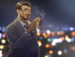 Rule 34 | 1boy, artist name, bad id, bad pixiv id, black hair, blurry, blurry background, business suit, buttons, cigarette, collared shirt, commentary request, creatures (company), dark-skinned male, dark skin, facial hair, formal, game freak, green eyes, grey jacket, grey vest, hand up, highres, holding, holding cigarette, jacket, male focus, necktie, nintendo, pokemon, pokemon swsh, red necktie, rose (pokemon), shirt, short hair, smoke, smoking, solo, suit, vest, waiwai mura, watermark, white shirt