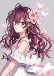 Rule 34 | 1girl, bad id, bad pixiv id, blue eyes, blurry, bug, butterfly, closed mouth, depth of field, dress, earrings, flower, from side, grey background, hagiwara rin, hair between eyes, hair flower, hair ornament, ichinose shiki, idolmaster, idolmaster cinderella girls, insect, jewelry, long hair, looking at viewer, purple hair, rose, simple background, smile, solo, sundress, upper body, wavy hair, white dress, white flower