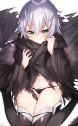 Rule 34 | 1girl, artist name, black panties, black thighhighs, cloak, covered mouth, fate/apocrypha, fate/grand order, fate (series), green eyes, highres, jack the ripper (fate/apocrypha), looking at viewer, lowleg, lowleg panties, mika pikazo, navel, panties, short hair, silver hair, simple background, sitting, solo, thighhighs, torn clothes, underwear, wariza, white background