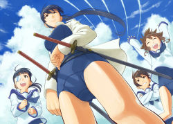 Rule 34 | 4girls, ^ ^, aged down, black hair, brown eyes, brown hair, closed eyes, cloud, contrail, day, eyepatch, from below, grin, jacket, kitagou fumika, long hair, military, military uniform, multiple girls, one-piece swimsuit, open clothes, open jacket, open mouth, outdoors, ponytail, quick10 117117, rikizo, sakamoto mio, school swimsuit, school uniform, short hair, smile, strike witches, strike witches: kurenai no majo-tachi, strike witches zero, swimsuit, sword, takei junko, uniform, wakamoto tetsuko, weapon, world witches series