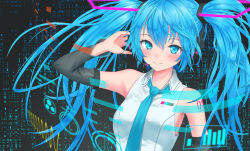 Rule 34 | 1girl, arm up, armpit peek, bare shoulders, blue eyes, blue hair, blue necktie, blush, breasts, commentary, detached sleeves, grey background, hair between eyes, hatsune miku, headphones, long hair, long sleeves, looking at viewer, medium breasts, necktie, roke (taikodon), shoulder tattoo, smile, solo, tattoo, twintails, upper body, very long hair, vest, vocaloid, white vest, wing collar