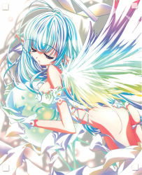 Rule 34 | 1girl, ass, blue hair, breasts, fairy, gloves, gradient hair, long hair, medium breasts, multicolored hair, open mouth, pointy ears, solo, sugiyama genshou, wings