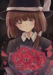 Rule 34 | 1girl, blunt bangs, blush, bouquet, bow, brown eyes, corrupted twitter file, dark background, expressionless, fedora, flower, hair bow, hair ribbon, half-closed eyes, hat, hat bow, hat ribbon, highres, holding, holding bouquet, looking down, medium hair, mouryou (chimimouryou), petals, poppy (flower), red flower, ribbon, rose, simple background, solo, touhou, tress ribbon, upper body, usami renko, white bow, white ribbon, wing collar