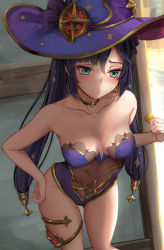 Rule 34 | 1girl, absurdres, aqua eyes, bare arms, bare shoulders, black choker, blue leotard, blush, bodystocking, breasts, choker, cleavage, closed mouth, coin, collarbone, commentary, day, earrings, english commentary, from above, genshin impact, hand on own hip, hat, hat ornament, highres, holding, holding coin, housou-kun, jewelry, leotard, looking away, medium breasts, mona (genshin impact), mora (genshin impact), navel, necklace, outdoors, purple headwear, star (symbol), star choker, star hat ornament, strapless, strapless leotard, sweat, thighlet, twintails, witch hat