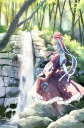 1girl bow dress forest frilled_dress frills front_ponytail green_eyes green_hair hair_bow hair_ribbon highres kagiyama_hina miyakure nature outdoors red_bow red_dress red_ribbon ribbon smile solo touhou