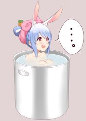 Rule 34 | 1girl, animal ear fluff, animal ears, blue hair, blush, braid, breasts, carrot hair ornament, collarbone, commentary request, food-themed hair ornament, hair ornament, highres, hololive, in water, jampen, long hair, multicolored hair, open mouth, rabbit ears, solo, tagme, twin braids, two-tone hair, usada pekora, virtual youtuber, white hair
