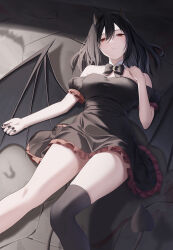 Rule 34 | 1girl, black bow, black dress, black hair, black horns, black nails, black tail, black thighhighs, black wings, bow, breasts, closed mouth, commentary, crescent, demon girl, demon horns, demon tail, demon wings, detached collar, dress, feet out of frame, fingernails, frilled dress, frills, hair between eyes, highres, horns, komura hiroto, looking at viewer, lying, medium breasts, medium hair, nail polish, off-shoulder dress, off shoulder, on back, original, puffy short sleeves, puffy sleeves, red eyes, short sleeves, single thighhigh, solo, tail, thighhighs, wings