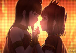 Rule 34 | 10s, 2girls, armlet, artist name, backlighting, bad id, bad pixiv id, bare shoulders, blunt bangs, blush, bridal gauntlets, brown hair, choker, commentary request, dark, dress, eye contact, feather hair ornament, feathers, from side, green eyes, hair ornament, holding hands, incest, interlocked fingers, kurosawa dia, kurosawa ruby, long hair, looking at another, love live!, love live! sunshine!!, mole, mole under mouth, multiple girls, one side up, papi (papiron100), parted lips, profile, red dress, red hair, short hair, short sleeves, siblings, signature, sisters, sleeveless, sleeveless dress, tareme, upper body, yuri