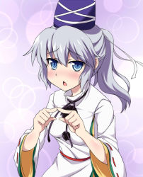 Rule 34 | 1girl, blue eyes, blush, breasts, embarrassed, female focus, hat, japanese clothes, kariginu, long hair, mononobe no futo, ponytail, sama samasa, silver hair, simple background, solo, touhou, upper body, wide sleeves