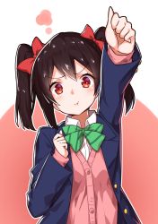 Rule 34 | 1girl, :t, arm up, black hair, bow, cardigan, clenched hands, engawa (rarenago), green bow, hair bow, highres, long sleeves, looking at viewer, love live!, love live! school idol project, otonokizaka school uniform, outstretched arm, red bow, red eyes, school uniform, simple background, solo, twintails, upper body, yazawa nico