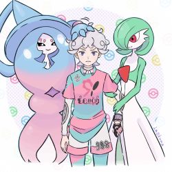 Rule 34 | 1boy, arm hug, artist name, bede (pokemon), closed mouth, collared shirt, commentary request, creatures (company), curly hair, frown, game freak, gardevoir, gen 3 pokemon, gen 8 pokemon, grey hair, hatterene, highres, imokuma, looking at viewer, male focus, nintendo, pantyhose, pink shirt, poke ball symbol, pokemon, pokemon (creature), pokemon swsh, purple eyes, ruffling hair, shirt, short hair, short sleeves, shorts, signature, sweatdrop, undershirt