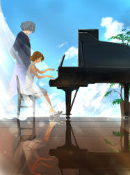 Rule 34 | 1boy, 1girl, bare arms, bare shoulders, blue coat, blue sky, brown hair, chair, closed mouth, coat, commentary request, curtains, day, dress, closed eyes, from side, grey footwear, grey hair, highres, instrument, long sleeves, music, original, piano, plant, playing instrument, potted plant, profile, shoes, short dress, short hair, sitting, sky, smile, socks, somehira katsu, white dress, white legwear
