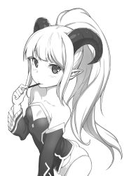 Rule 34 | 1girl, bad id, bad pixiv id, bare shoulders, blush, breasts, cleavage cutout, clothing cutout, collarbone, demon girl, detached sleeves, eating, food, greyscale, highres, horns, long hair, looking at viewer, monochrome, pandinus, pocky, pointy ears, ponytail, small breasts, solo