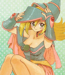Rule 34 | 1girl, bad id, bad pixiv id, bare shoulders, blonde hair, blush, blush stickers, breasts, choker, cleavage, commentary request, dark magician girl, duel monster, green eyes, hat, large breasts, long hair, looking at viewer, open mouth, sitting, smile, solo, wizard hat, yu-gi-oh!, yuu-gi-ou, yu-gi-oh! duel monsters, yuza