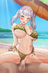 Rule 34 | 1boy, 1girl, beach, bikini, bikini bottom aside, black clover, bouncing breasts, breasts, clothing aside, cum, cum in pussy, eye contact, highres, huge breasts, large breasts, looking at another, looking at viewer, navel, nipples, noelle silva, panties, panties aside, public indecency, purple eyes, reverse cowgirl position, riding, sex, sex from behind, silver hair, straddling, swimsuit, t3x, testicles, thighs, twintails, underwear, vaginal