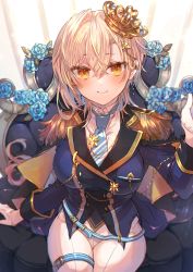 Rule 34 | 1girl, blonde hair, blue flower, blue jacket, blue necktie, blue rose, brown eyes, collared shirt, commentary request, diagonal-striped clothes, diagonal-striped necktie, epaulettes, flower, gloves, groin, hair between eyes, highres, jacket, long sleeves, looking at viewer, necktie, original, pants, rose, shikino yuki, shirt, solo, striped clothes, tiara, tilted headwear, white gloves, white pants, white shirt