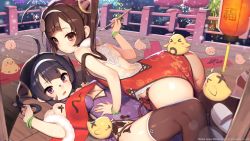 Rule 34 | 2girls, absurdres, ahoge, all fours, ass, azur lane, bangle, bird, black hair, black legwear, body writing, bracelet, breasts, brown hair, brush, chick, china dress, chinese clothes, covered navel, dress, fireworks, flat chest, hair ornament, hairband, highres, jewelry, kinjo kuromomo, lantern, long hair, looking at viewer, looking to the side, lying, medium breasts, multiple girls, ning hai (azur lane), official art, on back, open mouth, outdoors, panties, paper lantern, ping hai (azur lane), purple dress, purple eyes, red dress, red eyes, side-tie panties, side slit, snowing, string panties, thighhighs, twintails, underwear, wavy mouth