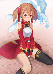 Rule 34 | 10s, 1girl, 3:, armor, black thighhighs, blush, breastplate, brown hair, fingerless gloves, gloves, looking at viewer, pina (sao), red eyes, short twintails, silica, sitting, sword art online, thighhighs, twintails, willgoon