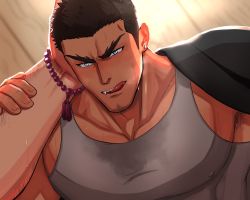 Rule 34 | 2boys, :q, arm hair, bara, bead necklace, beads, black hair, covered erect nipples, dark-skinned male, dark skin, ear piercing, facial hair, fang, fle0423, goatee, grey tank top, highres, interracial, jacket, jacket on shoulders, jewelry, large pectorals, looking at viewer, male focus, mature male, multiple boys, muscular, muscular male, necklace, original, pectorals, piercing, pov, shirt, short hair, sideburns, sidepec, solo focus, sweat, tank top, thick eyebrows, tongue, tongue out, wet, wet clothes, wet shirt, yaoi