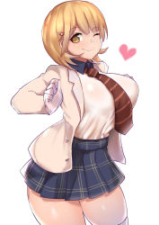 Rule 34 | 10s, 1girl, blazer, blonde hair, breasts, brown eyes, brown hair, cowboy shot, curvy, gloves, hair ornament, hairclip, heart, highres, jacket, large breasts, looking at viewer, miniskirt, narusawa ryouka, necktie, norman maggot, occultic;nine, one eye closed, plaid, plaid skirt, pleated skirt, school uniform, shirt tucked in, short hair, simple background, skirt, smile, solo, standing, thick thighs, thighhighs, thighs, white background, white gloves, white thighhighs, wink, yellow eyes