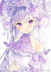 Rule 34 | 1girl, blush, bonnet, bug, butterfly, butterfly on shoulder, chin strap, choker, closed mouth, commentary request, detached sleeves, flower, frilled sleeves, frills, hair flower, hair ornament, halterneck, highres, ikari (aor3507), insect, lace, lace choker, long hair, looking at viewer, original, purple eyes, purple flower, purple ribbon, purple theme, ribbon, sleeve ribbon, smile, solo, steepled fingers, twitter username, upper body