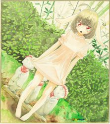 Rule 34 | 1girl, animal ears, artist name, bamboo, bamboo forest, barefoot, black hair, border, crying, crying with eyes open, dress, dutch angle, forest, full body, highres, inaba tewi, jizou, leaf, nature, open mouth, painting (medium), pink dress, puffy sleeves, rabbit ears, red eyes, shikishi, short hair, short sleeves, skirt hold, solo, statue, tears, touhou, traditional media, uryan!, watercolor (medium)
