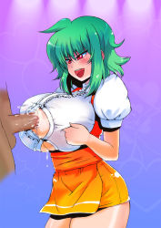 Rule 34 | 137 (pixiv262362), blush, breasts, cleavage, cum, cum on clothes, green hair, huge breasts, kazami yuuka, naughty face, paizuri, paizuri under clothes, penis, penis under another&#039;s clothes, red eyes, skirt, touhou, uncensored