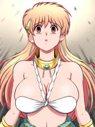 Rule 34 | 1girl, bare shoulders, bra, breasts, cleavage, dragon quest, dragon quest dai no daibouken, dress, earrings, gauntlets, gem, gold choker, hair ornament, highres, jewelry, large breasts, lento (glamour works), long hair, navel, open mouth, orange eyes, pink hair, princess leona, scared, shiny skin, solo, stomach, torn clothes, torn dress, underwear, upper body, white bra