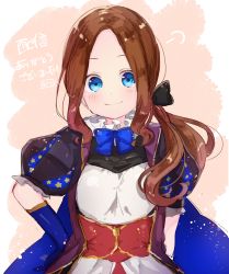 Rule 34 | 1girl, black bow, blue coat, blue eyes, blue gloves, blush, bow, brown hair, closed mouth, coat, dress, elbow gloves, fate/grand order, fate (series), forehead, gloves, hair bow, hands on own hips, highres, leonardo da vinci (fate), leonardo da vinci (fate/grand order), leonardo da vinci (rider) (fate), long hair, looking at viewer, parted bangs, puffy short sleeves, puffy sleeves, short sleeves, side ponytail, smile, sofra, solo, translation request, white dress