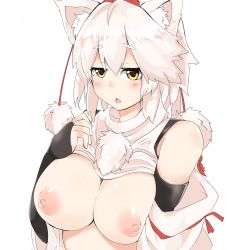 Rule 34 | 1girl, animal ear fluff, animal ears, bare shoulders, blush, breasts, bridal gauntlets, clothes lift, detached sleeves, half-closed eyes, hand up, hat, highres, houkai (collapse illust), inubashiri momiji, large breasts, looking at viewer, nipples, no bra, open mouth, pom pom (clothes), shirt, shirt lift, short hair, simple background, sleeveless, sleeveless shirt, solo, tokin hat, touhou, unaligned breasts, upper body, white background, white hair, white shirt, wolf ears, yellow eyes