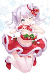 Rule 34 | 1girl, :d, animal ear fluff, animal ears, bare shoulders, blue eyes, bow, bra, breasts, cat ears, cat girl, christmas, collar, collarbone, ear ribbon, extra ears, frilled collar, frills, fur-trimmed bra, fur-trimmed footwear, fur-trimmed gloves, fur-trimmed skirt, fur trim, gloves, green bow, heart, heart hands, highres, knees together feet apart, looking at viewer, medium breasts, medium hair, midriff, one eye closed, open mouth, original, pom pom (clothes), red bow, sakura moyon, santa costume, skirt, smile, snowflake background, solo, swept bangs, thighhighs, twintails, underwear, white hair, white thighhighs