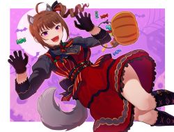 Rule 34 | 1girl, ahoge, animal ears, breasts, brown hair, claw pose, dress, drill hair, drill ponytail, dutch angle, fangs, feet out of frame, from above, halloween, hands up, idolmaster, idolmaster million live!, idolmaster million live! theater days, kamille (vcx68), kemonomimi mode, kneehighs, medium breasts, moon, open mouth, outside border, purple eyes, side ponytail, sidelocks, smile, socks, solo, tail, trick or treat, wolf ears, wolf tail, yokoyama nao