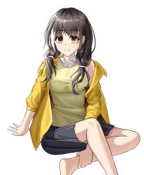Rule 34 | 1girl, absurdres, black hair, black skirt, breasts, brown sweater vest, chinese commentary, closed mouth, feet out of frame, girls&#039; frontline, hair ornament, hairclip, hand on floor, heterochromia, highres, jacket, long hair, looking at viewer, medium breasts, multicolored hair, on floor, one smoke, open clothes, open jacket, red eyes, ro635 (girls&#039; frontline), sitting, skirt, smile, solo, streaked hair, sweater vest, white background, yellow eyes, yellow jacket