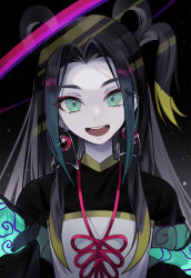 Rule 34 | 1boy, :d, black hair, blonde hair, blue hair, chinese clothes, commentary request, earrings, eyeshadow, fate/grand order, fate (series), gloves, green eyes, halo, highres, jewelry, light particles, long hair, long sleeves, looking at viewer, makeup, male focus, multicolored hair, open mouth, pale skin, parted bangs, red eyeshadow, red ribbon, ribbon, simple background, smile, solo, taisui xingjun (fate), teeth, to0folder80, upper body