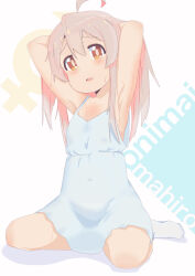 Rule 34 | 1girl, ahoge, armpits, arms behind head, arms up, bare arms, character name, collarbone, commentary, copyright name, dot nose, dress, flat chest, full body, grey hair, hair between eyes, hands in hair, highres, kebakebasan, light blush, looking at viewer, male-female symbol, no shoes, onii-chan wa oshimai!, open mouth, oyama mahiro, pink hair, simple background, sitting, sleeveless, sleeveless dress, socks, solo, sweat, white background, white dress, white socks