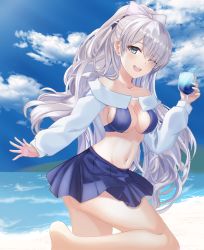 Rule 34 | 1girl, anastasia (fate), anastasia (swimsuit archer) (fate), anastasia (swimsuit archer) (third ascension) (fate), bad id, bad pixiv id, bare shoulders, beach, bikini, blue eyes, blue sky, blush, breasts, cleavage, cloud, cocktail, collarbone, day, fate/grand order, fate (series), full body, hair over one eye, highres, long hair, long sleeves, looking at viewer, medium breasts, navel, ocean, open mouth, ponytail, sand, silver hair, sky, smile, solo, swimsuit, thighs, very long hair, water
