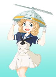 Rule 34 | 1girl, blonde hair, blue background, blue eyes, blue sailor collar, commentary request, cowboy shot, dress, gloves, gradient background, hat, janus (kancolle), kantai collection, looking at viewer, mirzanes, name connection, open mouth, parted bangs, propeller, sailor collar, sailor dress, sailor hat, short hair, short sleeves, solo, white dress, white gloves, white hat