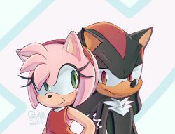 Rule 34 | 1boy, 1girl, 2019, amy rose, eyelashes, furry, furry female, furry male, green eyes, looking at another, quark196, red eyes, shadow the hedgehog, signature, smile, sonic (series), upper body, white fur
