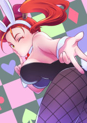 Rule 34 | 1girl, animal ears, dragon quest, dragon quest viii, fishnets, jessica albert, leotard, looking at viewer, one eye closed, orange eyes, playboy bunny, rabbit ears, red hair, solo, strapless, strapless leotard, twintails