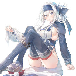 Rule 34 | 1girl, ainu, ainu clothes, blue eyes, blush, breasts, closed mouth, commentary request, folded ponytail, hair between eyes, hakuishi aoi, hand up, headband, kamoi (kancolle), kantai collection, large breasts, long hair, long sleeves, looking at viewer, pelvic curtain, sash, sideboob, simple background, sitting, smile, solo, thighhighs, white background, white hair, wrist guards