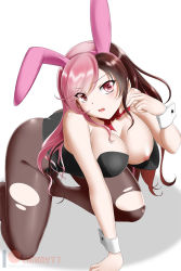 Rule 34 | 1girl, animal ears, bare shoulders, black leotard, bow, bowtie, breasts, brown eyes, brown hair, brown pantyhose, cleavage, detached collar, fake animal ears, heterochromia, high heels, highres, kimmy77, large breasts, leotard, long hair, multicolored hair, neo politan, nipples, one breast out, open mouth, pantyhose, pink eyes, pink hair, playboy bunny, ponytail, rabbit ears, rwby, split-color hair, strapless, strapless leotard, torn clothes, torn legwear, wrist cuffs