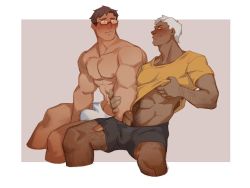 Rule 34 | 2boys, abs, bara, black-framed eyewear, black shorts, blush, body hair, briefs, bulge, clothes lift, cropped legs, dark-skinned male, dark skin, ear blush, erection, eye contact, facial hair, groping, guided crotch grab, guiding hand, hairy, hand under clothes, large pectorals, leg hair, lifted by self, likaou, looking at another, male focus, male pubic hair, male underwear, midriff peek, multiple boys, muscular, muscular male, navel, navel hair, nipples, original, pectorals, penis, pubic hair, seductive smile, shirt lift, short hair, shorts, smile, stubble, sweatdrop, thighs, uncensored, underwear, underwear only, undressing, white hair, white male underwear, yellow shorts