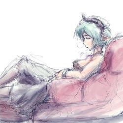 Rule 34 | 1girl, bare shoulders, breasts, chair, choker, demon girl, drawfag, dress, fiend (juniper&#039;s knot), green hair, horns, juniper&#039;s knot, lounge chair, lying, non-web source, pointy ears, short hair, sketch, small breasts, solo, strapless, strapless dress