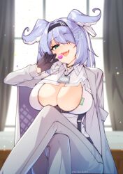 Rule 34 | 1girl, areola slip, black gloves, blue hair, bow, breasts, candy, cleavage, collared shirt, crossed legs, curtains, day, dragon girl, elira pendora, food, gloves, green eyes, hair bow, hair intakes, hair ornament, hair over one eye, hairband, hairclip, highres, indoors, jacket, jewelry, large breasts, medium hair, necklace, nijisanji, nijisanji en, open clothes, open jacket, open mouth, pants, shirt, smile, solo, tilt-shift (azalanz), underbust, virtual youtuber, window