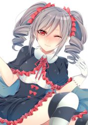 Rule 34 | 10s, 1girl, bad id, bad pixiv id, blush, capelet, drill hair, gloves, idolmaster, idolmaster cinderella girls, kanzaki ranko, long hair, one eye closed, open mouth, red eyes, ribbon, shisei (kyuushoku banchou), silver hair, smile, solo, striped clothes, striped thighhighs, thighhighs, twin drills, twintails